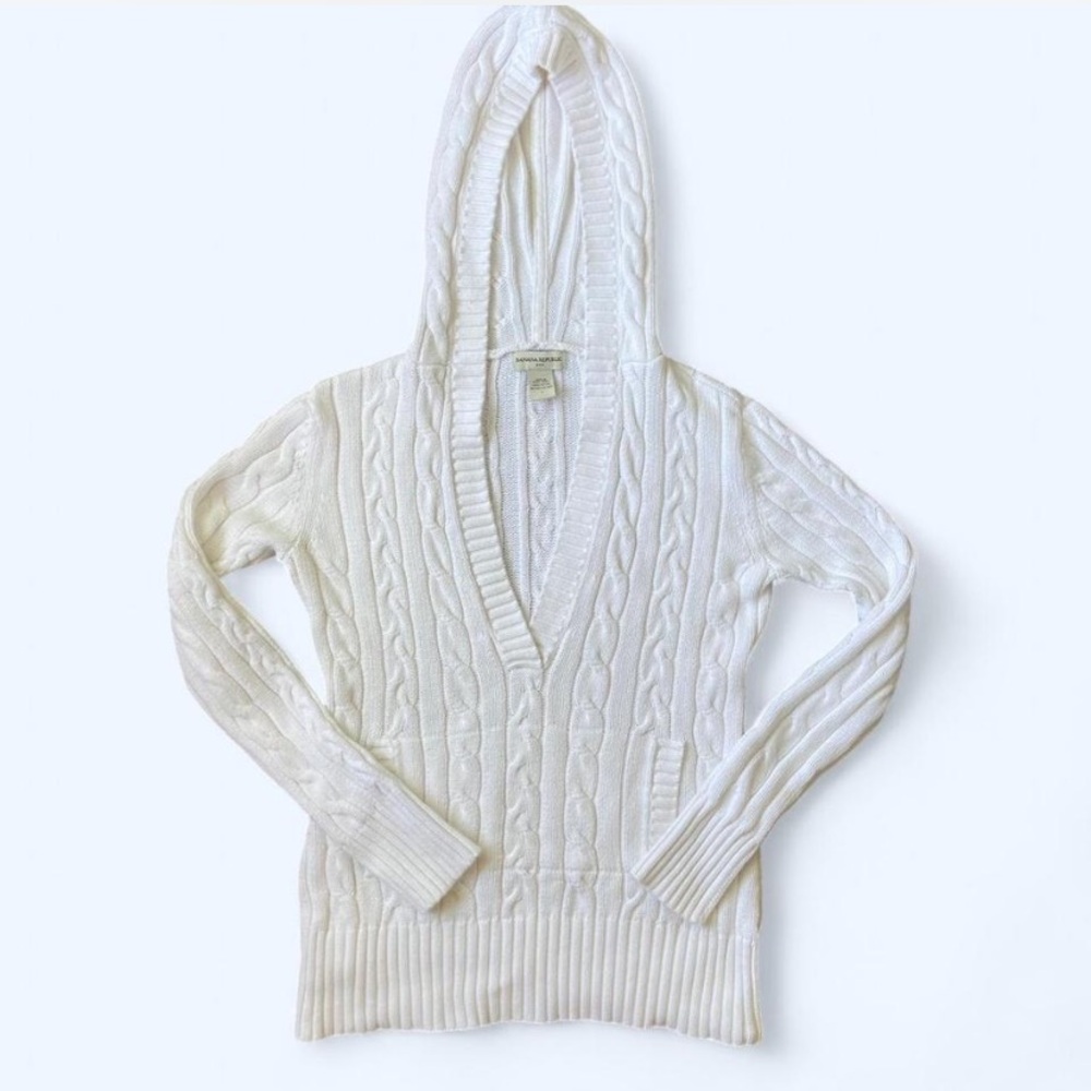 Banana Republic Deep-V hooded Cable Knit Sweater 100% cotton size small #y2k